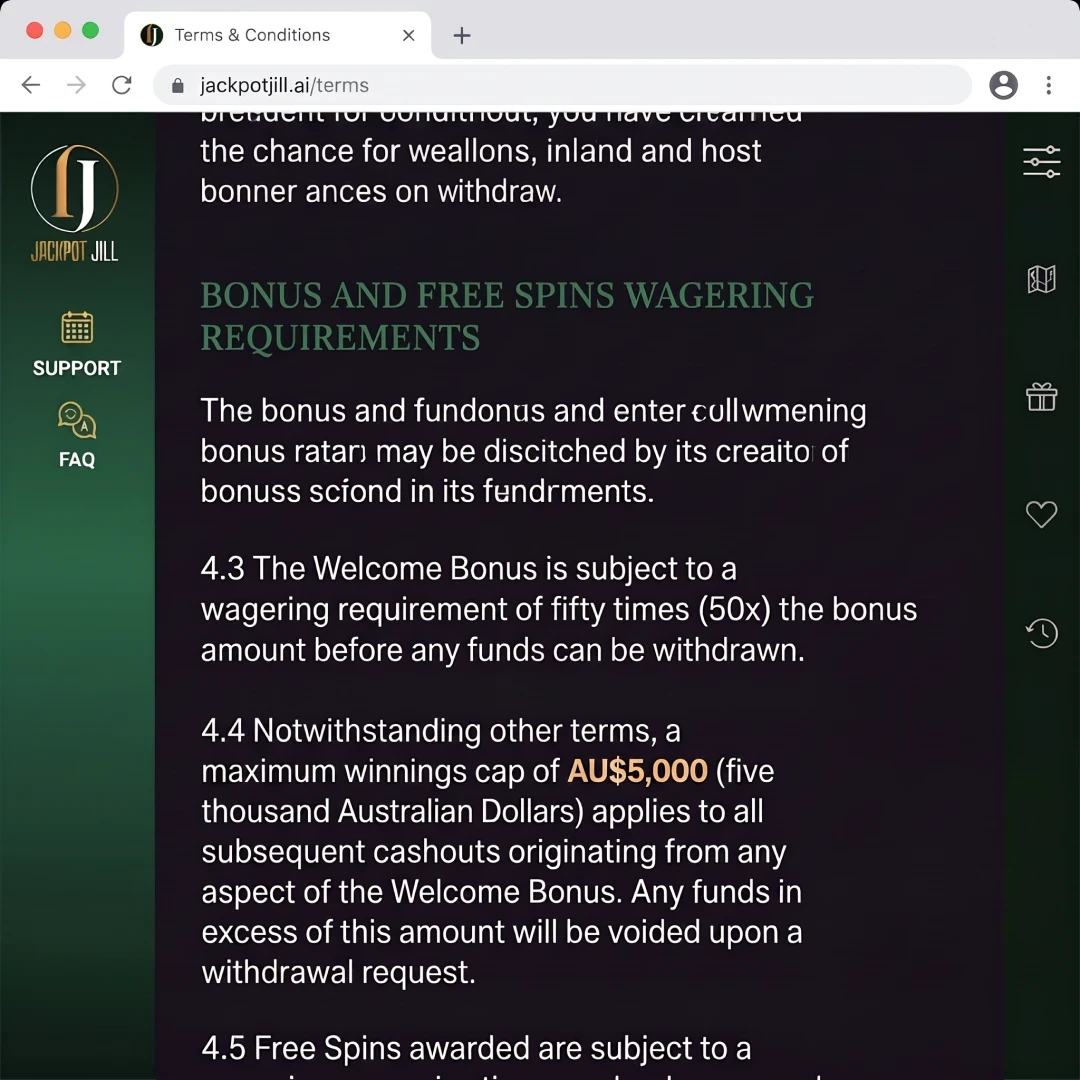 Jackpot Jill welcome bonus terms showing the AU$5,000 winnings cap on the first three deposits