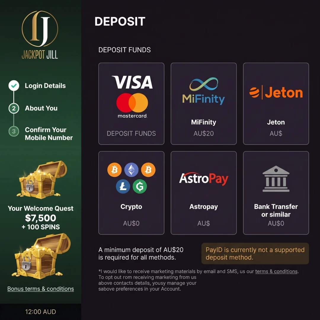 Jill Jackpot Casino cashier page showing available deposit methods for Australian players in 2026