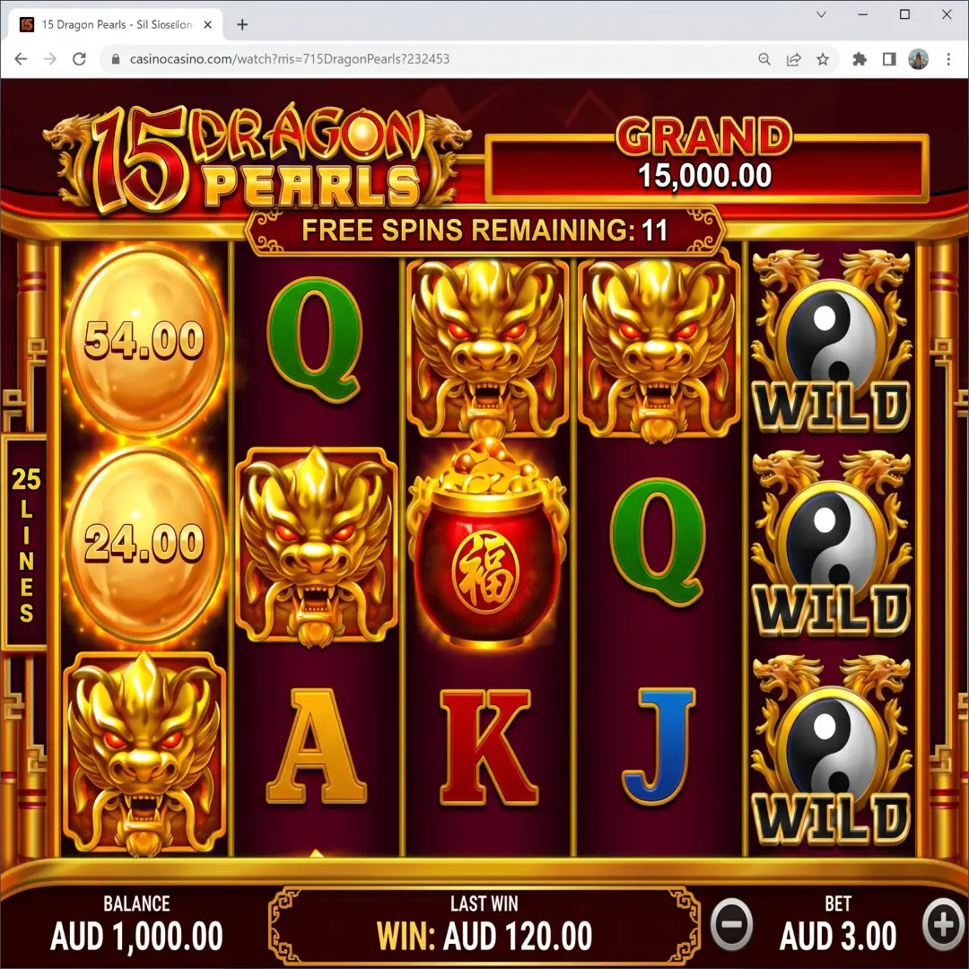 Dragon Pearls slot in play at Jill Jackpot Casino during free spin bonus round