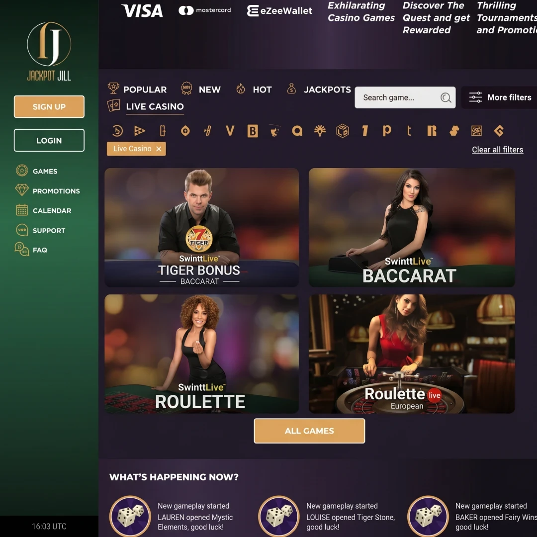 Evolution live dealer lobby at Jackpot Jill Casino with Crazy Time and Lightning Roulette tables