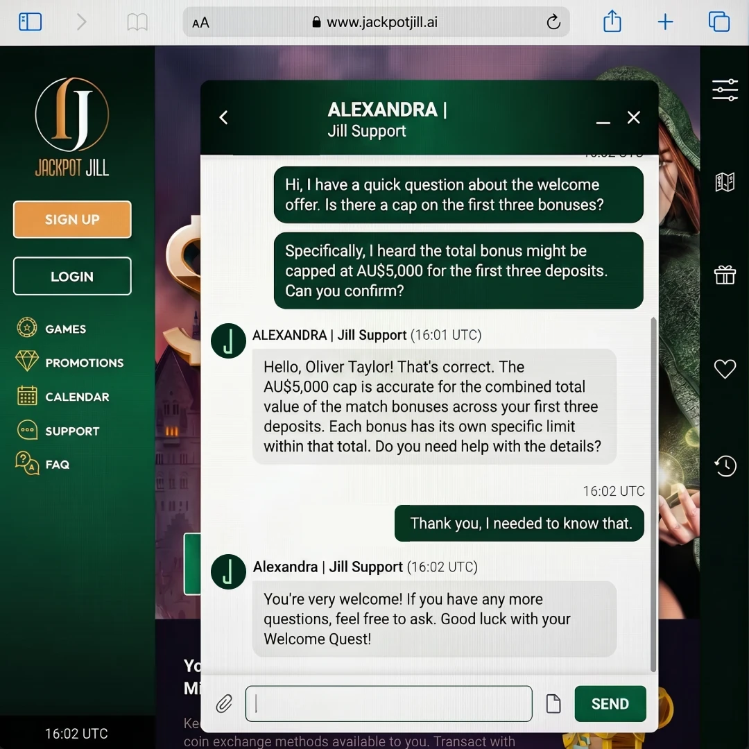 Jill Jackpot Casino live chat showing support agent confirming the AU$5,000 bonus winnings cap