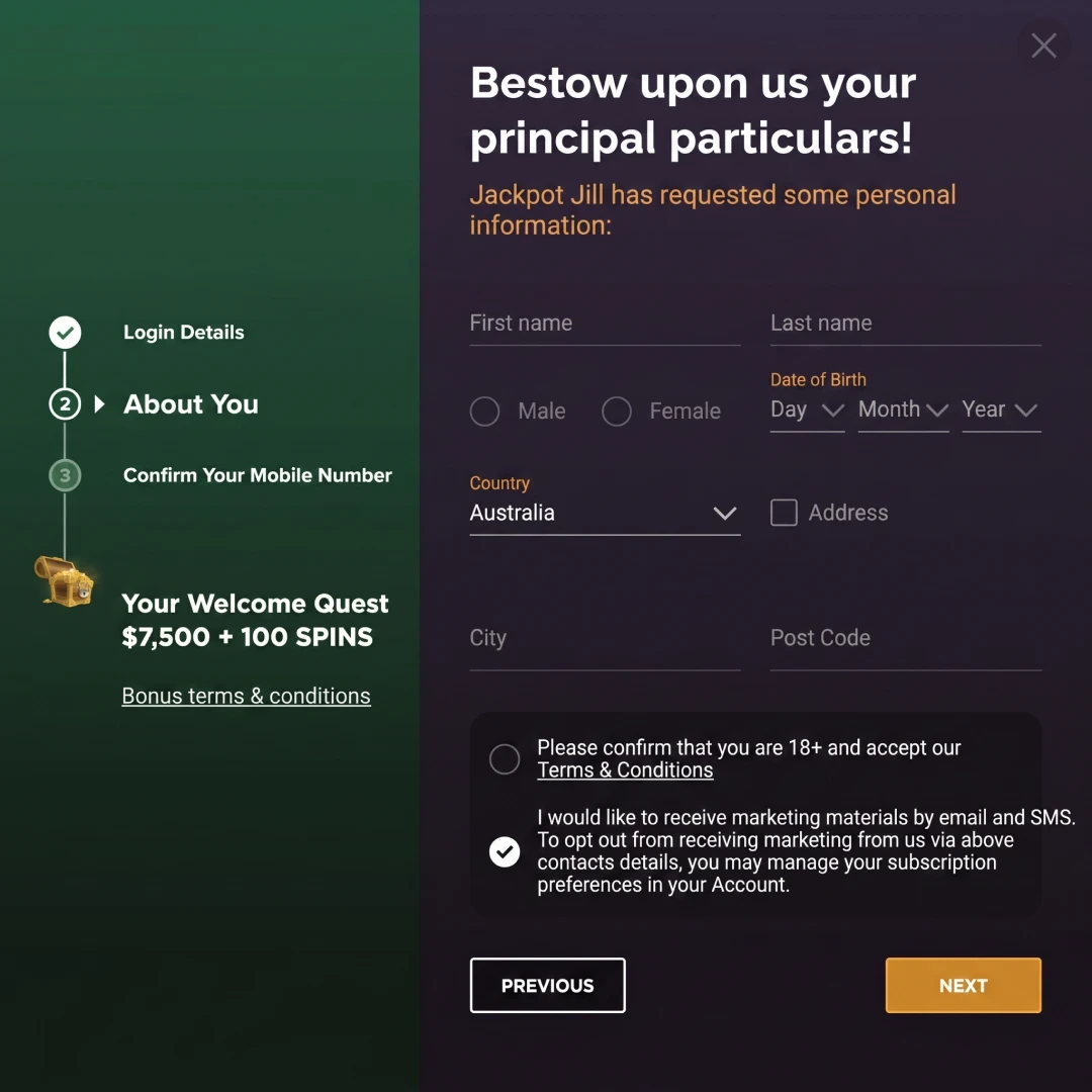Jackpot Jill Casino login form open on desktop with email and password fields visible and a Forgot Password link below