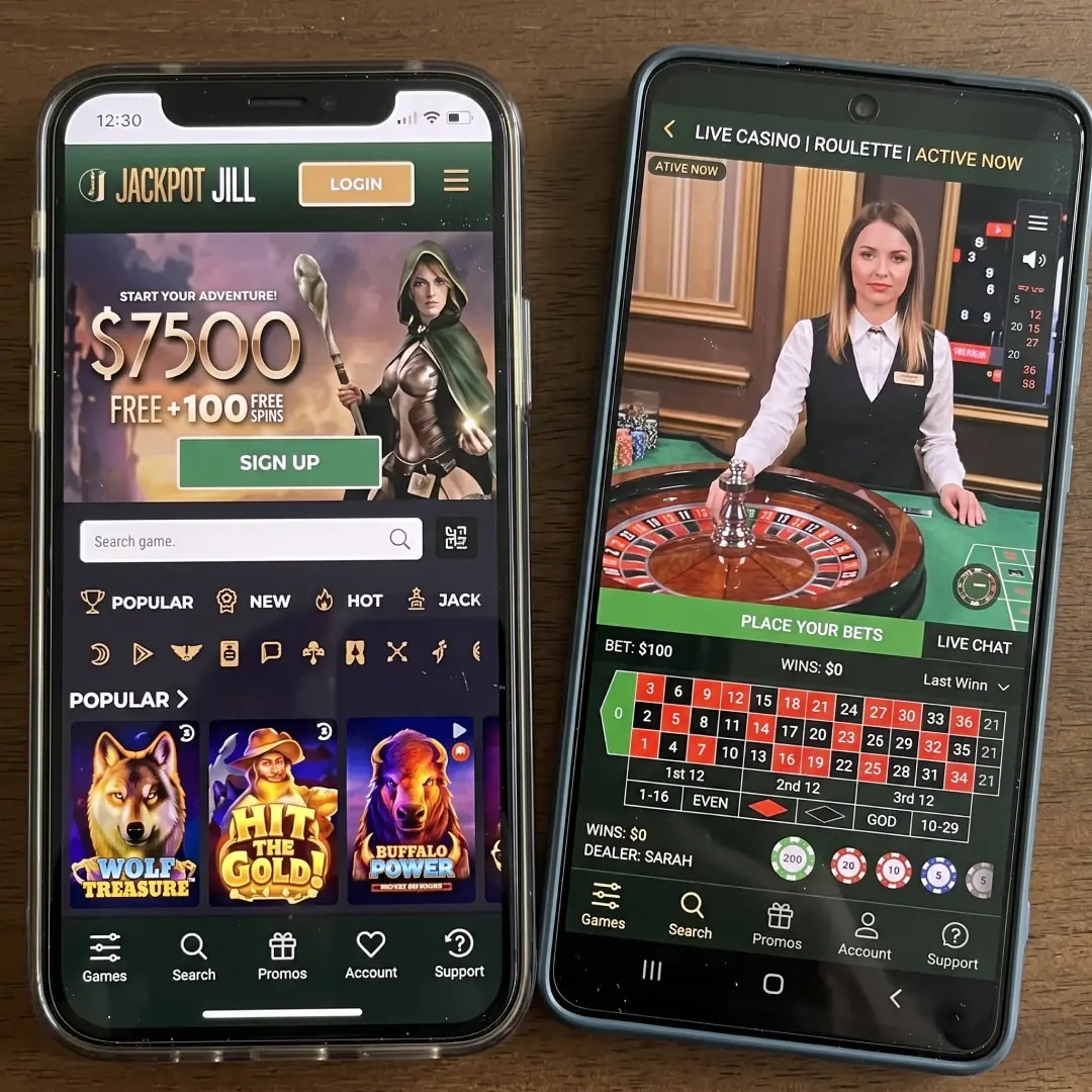 Jill Jackpot Casino mobile interface on iOS and Android browsers showing live dealer session