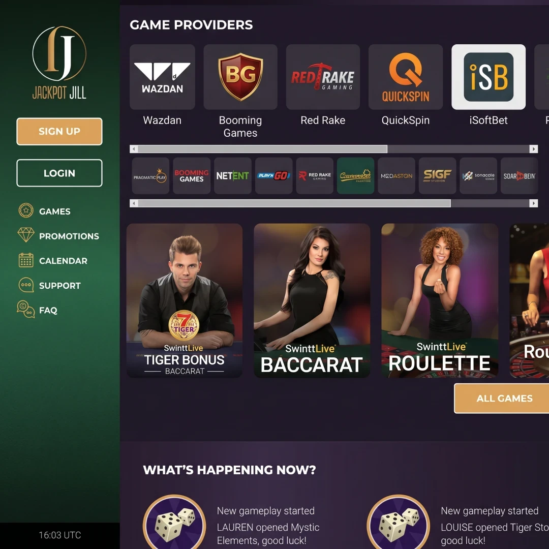 Game providers filter at Jackpot Jill Casino showing Wazdan, Booming Games, Red Rake, and Evolution